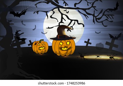 Halloween banner. Dark Background with pumpkins and spiders,tombstones,trees and the moon. vector mystical illustration. Halloween party graphics design.