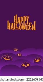 Halloween banner. Dark scene with shinning carved pumpkins. Vertical design for social media posts.