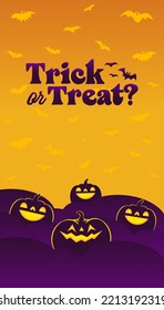 Halloween banner. Dark scene with shinning carved pumpkins. Vertical design for social media posts.