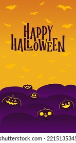 Halloween banner. Dark scene with shinning carved pumpkins. Vertical design for social media posts.