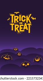 Halloween banner. Dark scene with shinning carved pumpkins. Vertical design for social media posts.