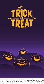 Halloween banner. Dark scene with shinning carved pumpkins. Vertical design for social media posts.