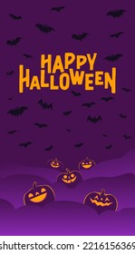 Halloween banner. Dark scene with shinning carved pumpkins. Vertical design for social media posts.