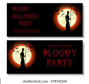 Halloween banner: death, bats, scary scythe and bloody text in cartoon style on  background big moon. Concept design for banner, poster, invitation or ticket on party. Vector illustration