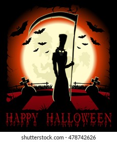 Halloween banner: death, bats, scary scythe and bloody text in cartoon style on  background big moon. Concept design for banner, poster, invitation or ticket on party. Vector illustration