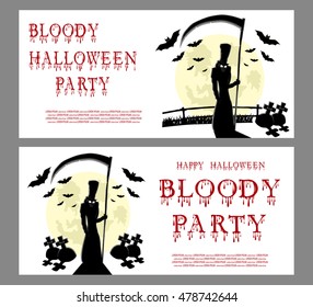 Halloween banner: death, bats, scary scythe and bloody text in cartoon style on  background big moon. Concept design for banner, poster, invitation or ticket on party. Vector illustration