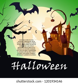 Halloween banner design with castle on hill. Creative lettering with brown castle, pumpkin, bats, trees and full moon. Can be used for banners, posters, postcards. 