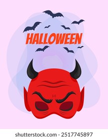 Halloween banner design with devil mask and flying bats on abstract background. Celebration, party, holiday concept. Vector illustration for invitation, postcard or poster