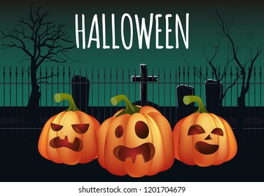 Halloween banner design. Graveyard and terrifying pumpkins. Template can be used for flyers, posters, invitations