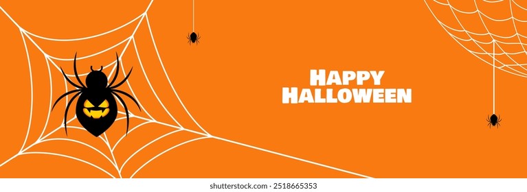 Halloween banner design. Happy halloween text with spider, cobweb. Vector illustration