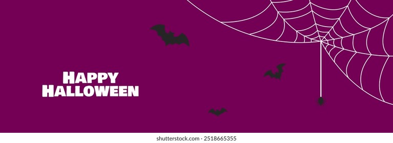 Halloween banner design. Happy halloween text with bats, spider, cobweb. Vector illustration