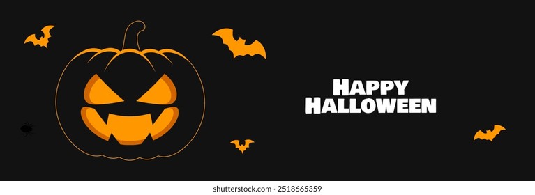 Halloween banner design. Happy halloween text with pumpkin and bat. Vector illustration