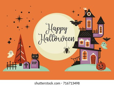 Halloween Banner Design With Haunted House. Vector Illustration