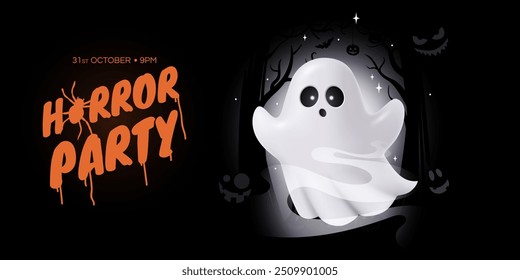 Design de banner de Halloween com ilustração de fantasma bonito no luar. Um fantasma emerge da escuridão. Convite de festa de terror. Ilustração vetorial.