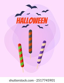 Halloween banner design with lollipops and flying bats on abstract background. Handwritten text, calligraphy. Halloween celebration, party concept. Vector illustration for invitation or poster