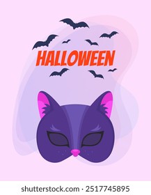 Halloween banner design with mystery cat mask and flying bats on abstract background. Celebration, party, holiday concept. Vector illustration for invitation, postcard or poster