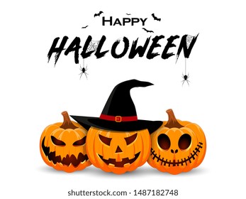 Halloween banner design with smiling pumpkin character. Orange pumpkin with smile for your design for the holiday Halloween. Vector illustration.