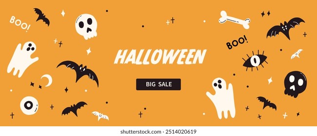 Halloween banner design. Spooky scary pumpkin orange background. Happy Helloween sale poster template. Autumn holiday scene card. Vector flat hand drawn illustration