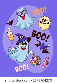 Halloween banner design vector illustration. Cartoon happy Halloween party invitation, vertical poster or flyer with spooky ghost characters and bats flying at night, zombie hand and Boo lettering