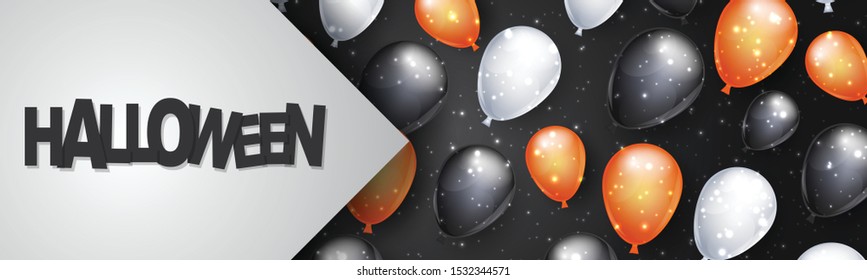 Halloween banner design. Website or social media long header template for 31 october celebration with black, white, and orange balloons with sparkles and space for text. Vector illustration.