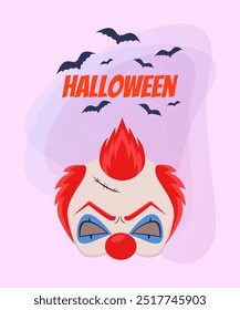 Halloween banner design with wicked clown mask and flying bats on abstract background. Celebration, party, holiday concept. Vector illustration for invitation or poster