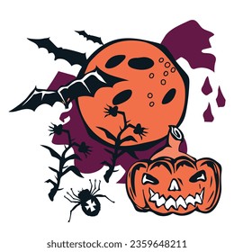 Halloween banner or emblem design with pumpkin lantern monster for party invitation and postcards, holiday banners and posters design, flat vector isolated illustration on white.