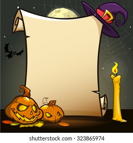 Halloween banner with empty paper scroll. Vector illustration isolated on dark night background