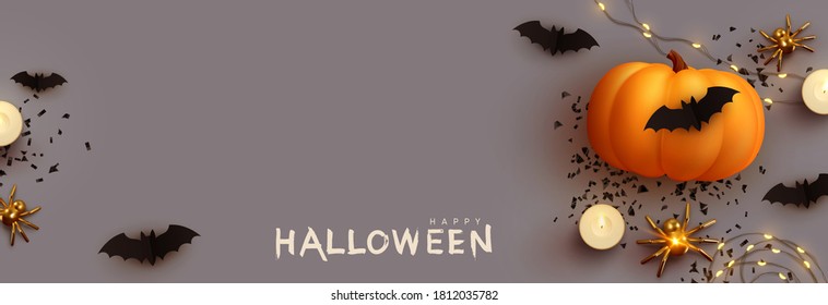 Halloween Banner. Festive Background With Realistic 3d Orange Pumpkins And Flying Bats, Golden Spider, Candles, Light Garlands. Horizontal Holiday Poster, Header For Website. Vector Illustration