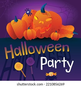 Halloween banner. Festive design and Halloween theme. The lettering  and Halloween elements - pumpkins, sweets, spiders, web. Suitable for web and print, holiday mailing.