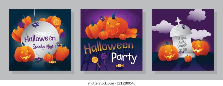 Halloween banner. Festive design and Halloween theme. The lettering  and Halloween elements - pumpkins, sweets, a spiders, web. Suitable for web and print, holiday mailing.