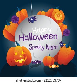 Halloween banner. Festive design and Halloween theme. The lettering  and Halloween elements - pumpkins, sweets, a spiders, web. Suitable for web and print, holiday mailing.