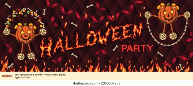 Halloween banner with fire, text, pumpkin heads like having fun kids. Horizontal holiday poster, header for website, social media. Template for invitation, party ticket