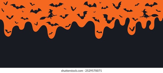 Anuncio de Halloween con murciélagos voladores y brujas sobre fondo negro y naranja con espacio para texto.