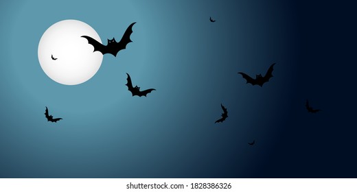 Halloween banner and flying black bats over the moon dark background  Horizontal and copy space poster