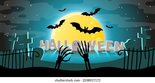 Halloween banner. Full moon against the dark sky, flying vampire bats and silhouettes of graves, crosses in the cemetery and zombie bones