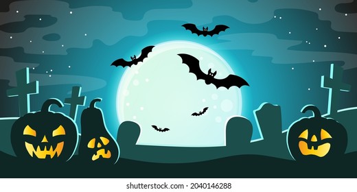 Halloween banner. Full moon against the dark sky, flying vampire bats and silhouettes of graves, crosses in the cemetery and pumpkins Jack O Lantern