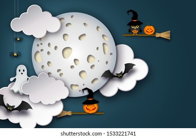 Halloween banner with full moon, clouds, pumpkins and bats. Paper cut style vector illustration