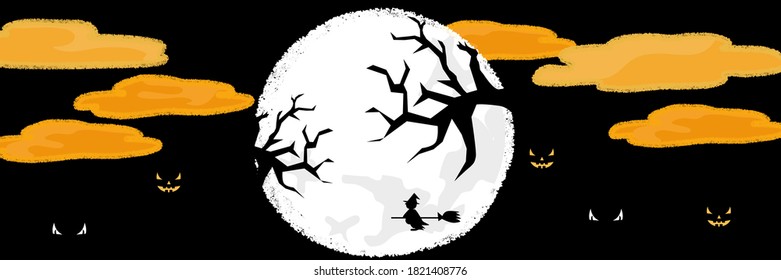 halloween banner, full moon, devil tree and monster eyes in the night with black background, vector illustration