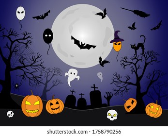 Halloween banner with full moon, pumpkins,bats,skulls, spider, graves, etc. Vector illustration. For party invitations, design, printing, and more.