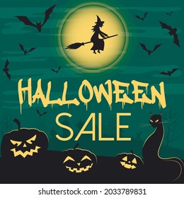 Halloween banner with full moon, witch on a broomstick, pumpkins, black cat, bats, trees with text on a blue background. Vector image.