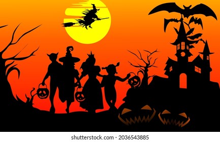 Halloween banner of full moon, Witch, Haunted House, people, trees and Bats.