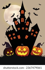 Halloween banner. Fullmoon, witch, haunted house, pumpkins and bats.