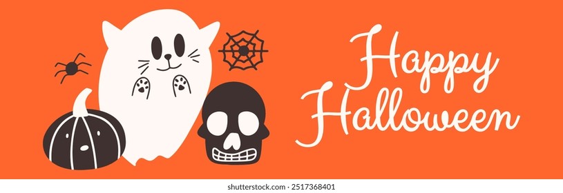 Halloween banner with funny ghost cat, pumpkin and skull. Vector illustration. 