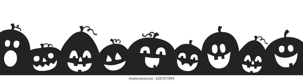 Halloween banner with funny hand drawn pumpkin lanterns. Vector illustration