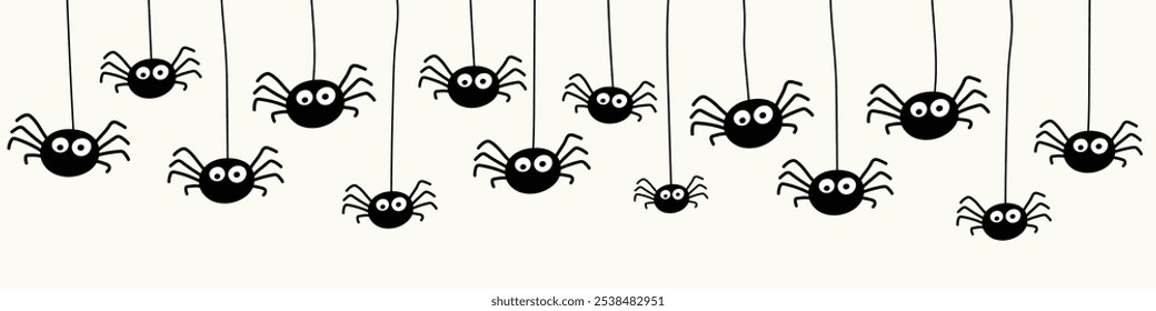 Banner de Halloween com aranhas penduradas engraçadas. Vetor