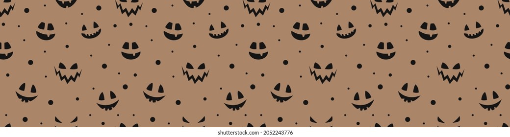 Halloween banner with funny pumpkin lantern face. Seamless texture. Vector