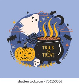 Halloween banner with funny spooky ghost, pumpkin or jack-o'-lantern, skull and witch pot with brewing potion against dark starry night sky on background. Trick or treat. Cartoon vector illustration.