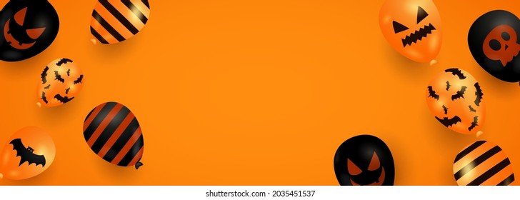 Halloween Banner with Ghost Balloons on Orange background. Scary air balloons with place for your text 