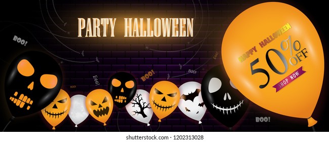 Halloween Banner with Halloween Ghost Balloons, Spider and Bat.Scary air balloons.Website spooky or banner template.Vector illustration.