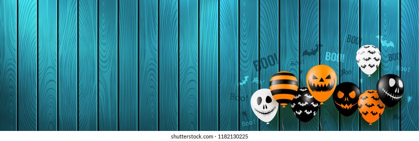 Halloween Banner with Halloween Ghost Balloons,Spider and Bat.Scary air balloons with wooden board background.Website spooky or banner  template.Vector illustration EPS10